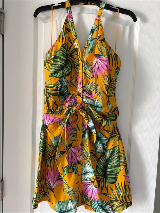 Lulumari Dresses & Skirts - Womensx Tropical Tie-Front halter mini dress in Mustard Yellow & pinks.